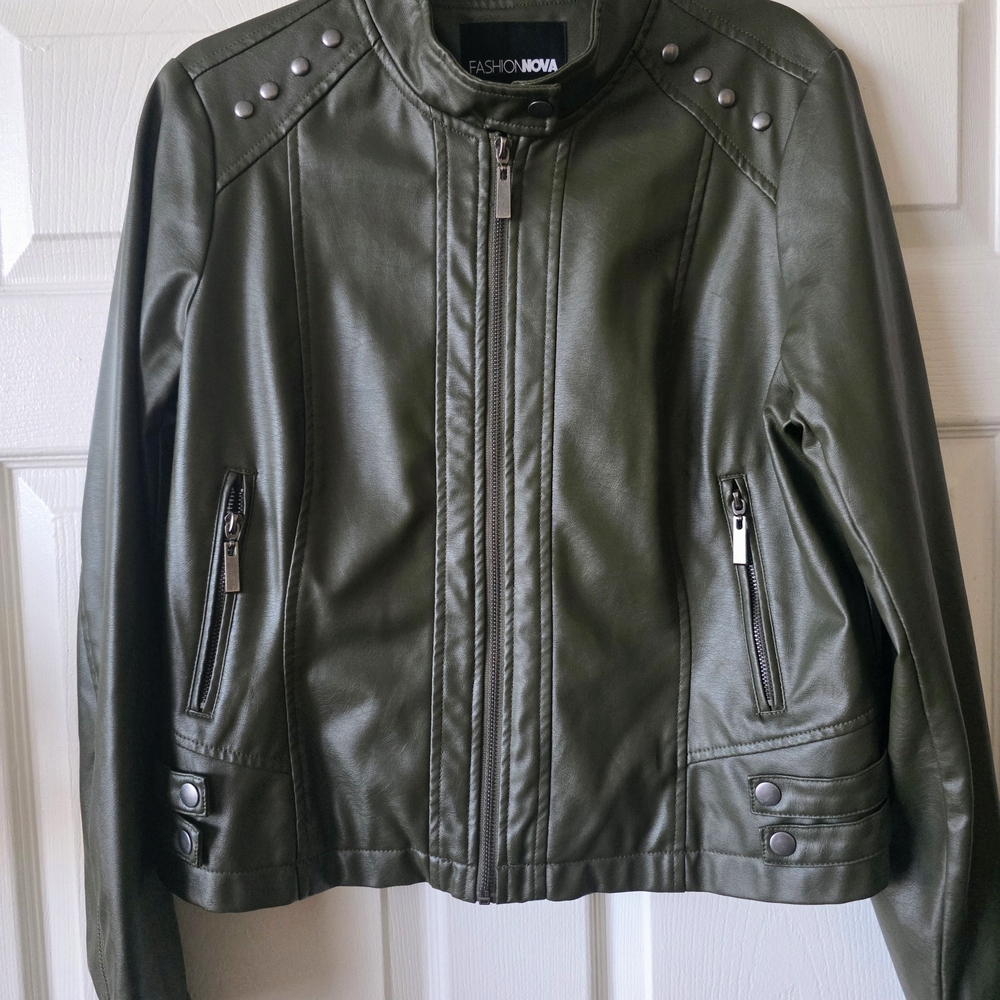 Fashion Nova Dark Green Leather Jacket